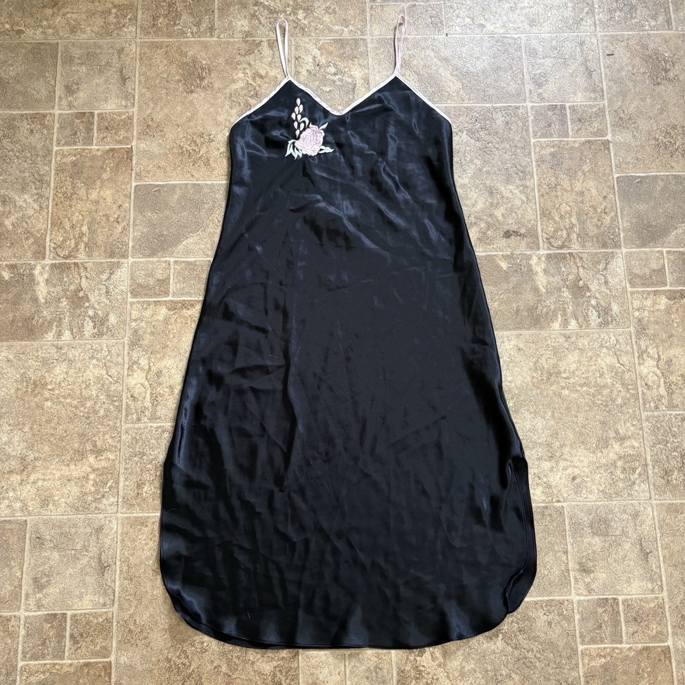 Vtg VAL Mode Black Satin Slip Dress L Pink Trim Floral Embroidery 90s Y2K Midi